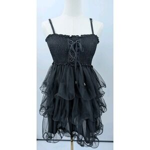 Cecio Black Lace Up Bust Tiered Ruffle Mini Dress Size S Whimsigoth Dark Fairy